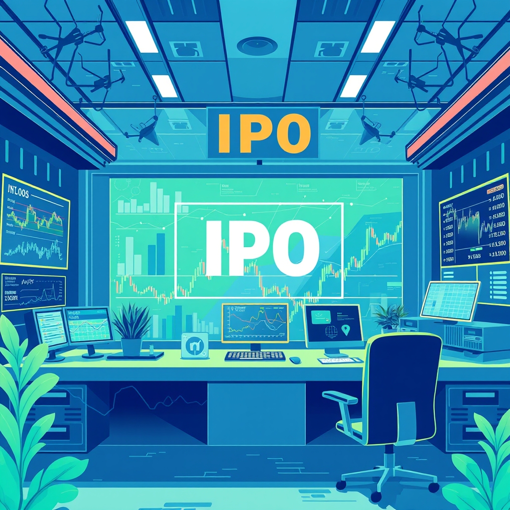 A conceptual illustration depicting a stock market scene with various financial graphs and charts, highlighting the IPO process. The background features abstract representations of technology and artificial intelligence, symbolizing Anthropic's focus on AI. The color palette includes shades of blue and green to convey a sense of finance and innovation.