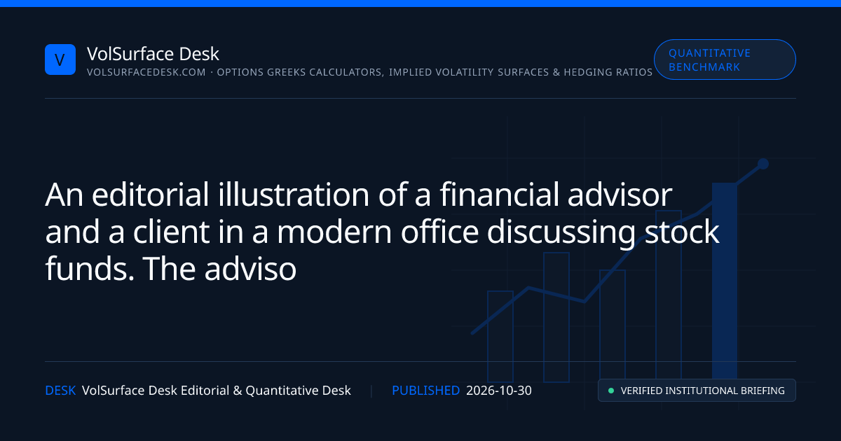 An illustration depicting a financial advisor discussing stock funds with a client. The advisor points to a chart showing capital gains distributions, while the client looks thoughtfully at a calculator and financial documents. The background features a modern office setting with a large window and city skyline.