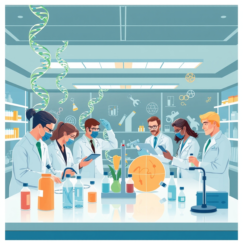 An illustration depicting a biotech laboratory with scientists working on research, surrounded by DNA strands and molecular structures, symbolizing innovation and resilience in the biotech sector amidst a fluctuating market.
