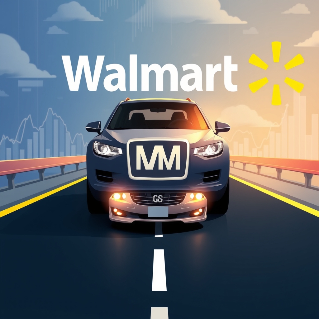 An illustration depicting a stylized car representing General Motors transitioning from a traditional road to a digital highway symbolizing the Nasdaq, with a backdrop of a large Walmart logo in the distance, signifying the influence of Walmart's market strategies.