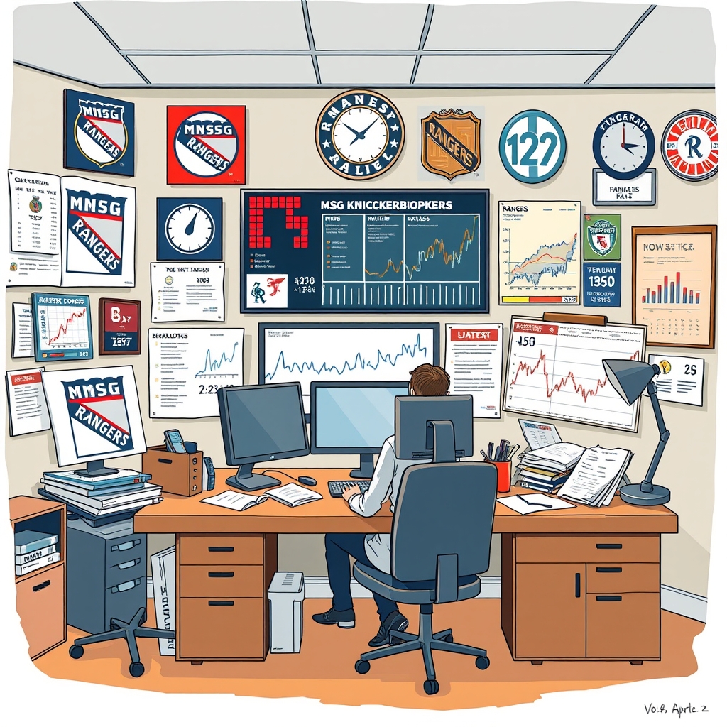 An editorial illustration depicting a financial analyst reviewing sports team performance data, with visual elements representing the MSG Rangers and MSG Knickerbockers, such as hockey and basketball icons, alongside stock market graphs and trading symbols.